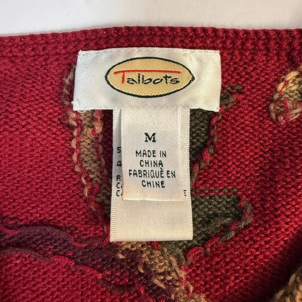 Vintage 90s Talbots Leaf Fall Print Full Zip Cardigan Knit Sweater Womens Medium